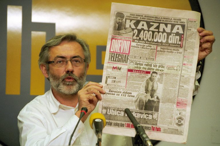 Journalist and newspaper publisher Slavko Curuvija at a press conference in Belgrade, Serbia, 1 November 1998, ANDREJ ISAKOVIC/AFP/Getty Images