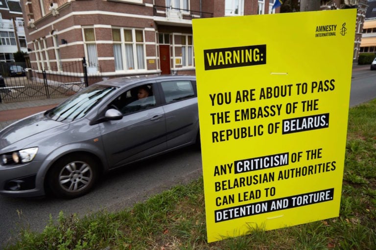 A sign posted by activists protesting human rights abuses by the Belarussian authorities, outside the embassy of Belarus in The Hague, Netherlands, 25 August 2020, Pierre Crom/Getty Images