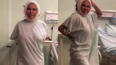 Gretchen samba em quarto de hospital, com o rosto enfaixado 