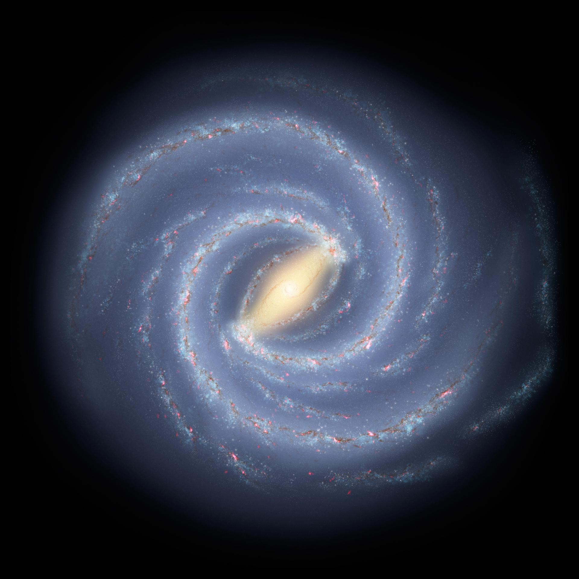 This artist concept illustrates the new view of the Milky Way. The galaxy two major arms can be seen attached to the ends of a thick central bar, while the two now-demoted minor arms are less distinct and located between the major arms.