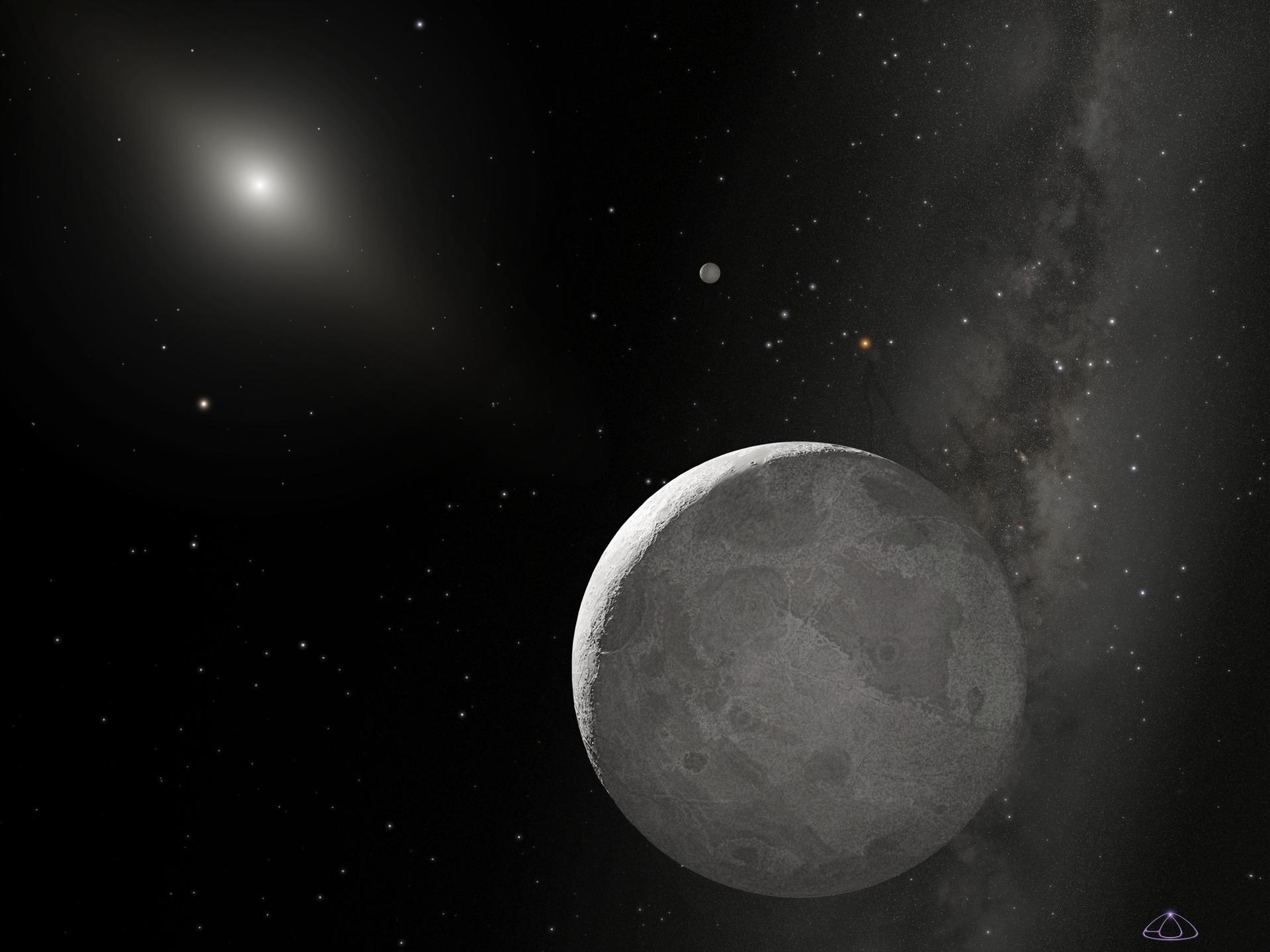 This is an artist concept of Kuiper Belt object 2003 UB313 nicknamed Xena and its satellite Gabrielle. Xena is the large object at the bottom of this artist concept.