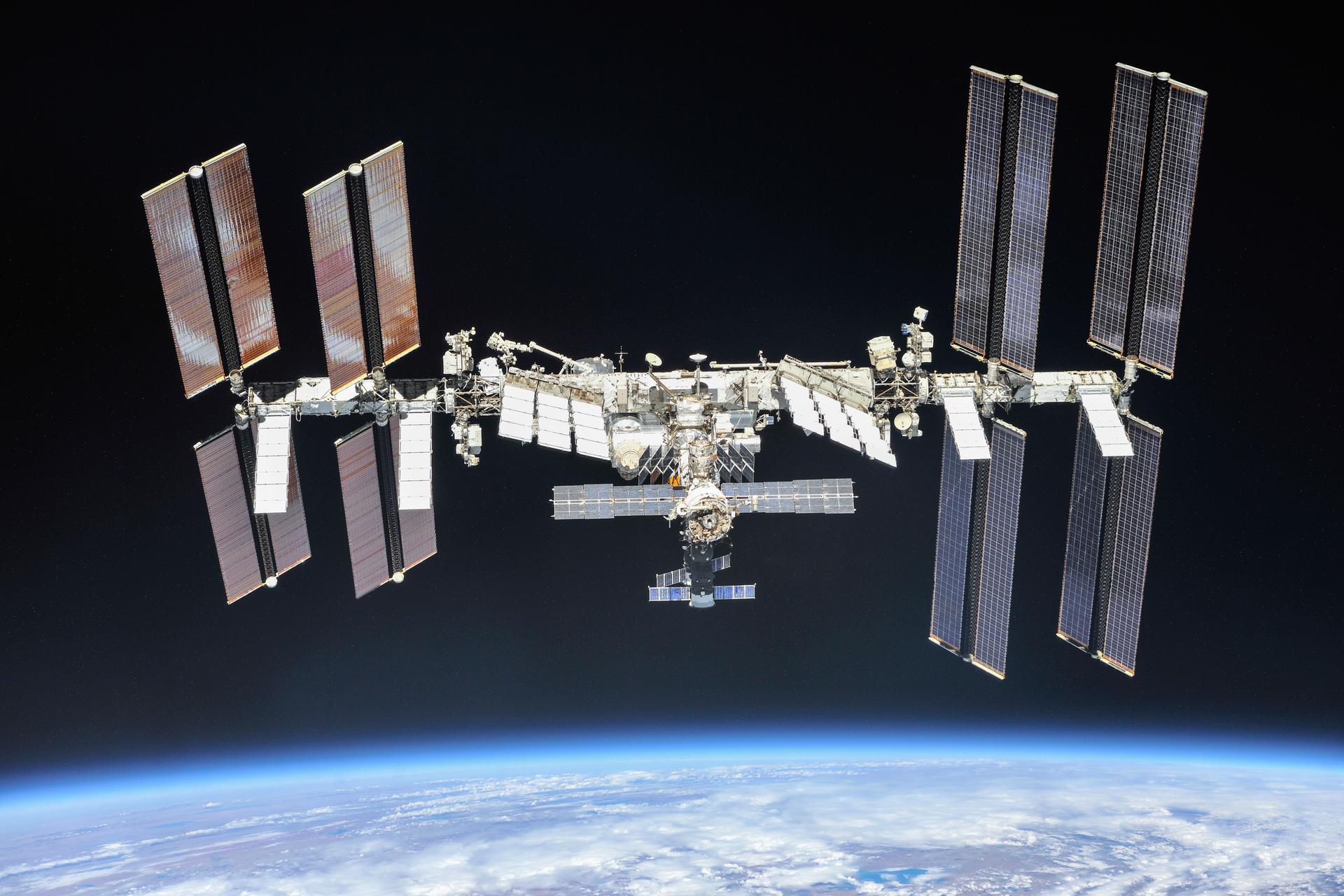 The International Space Station photographed by Expedition 56 crew members from a Soyuz spacecraft after undocking. 
