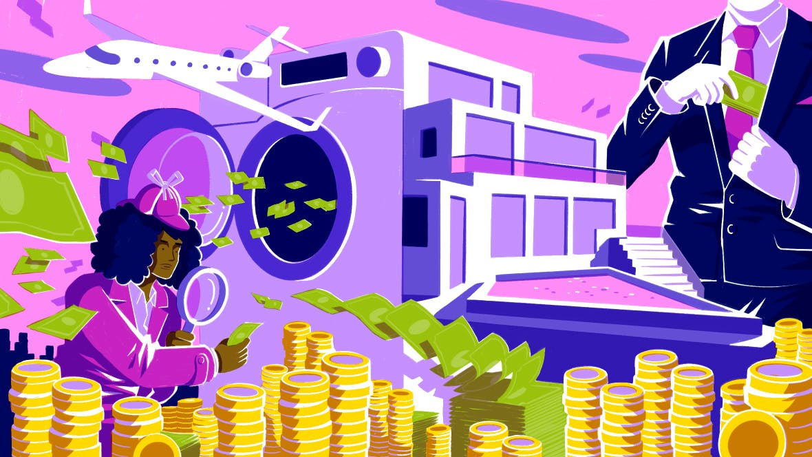 An illustration showing a laundry machine which blends into a mansion with a businessperson pocketing the money next to it, and a detective following the trail of money coming out of the laundry machine