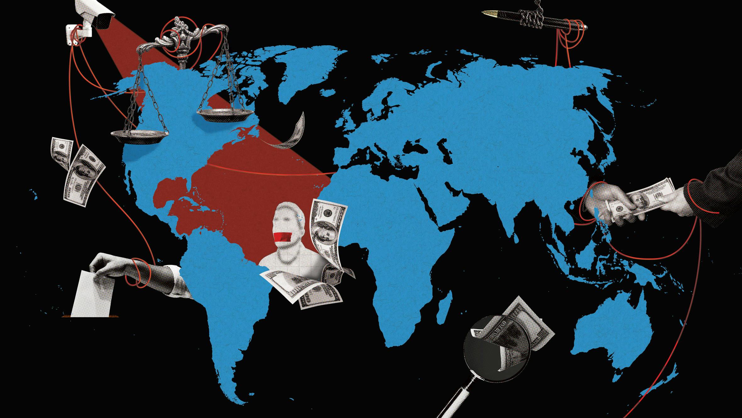 A blue and red map of the world on a black background with puppets waving bank notes in different areas of the world