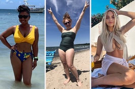 Two women in swimwear enjoying time at the beach and on a boat