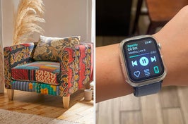 Patterned armchair; a person wearing an Apple watch showing music controls