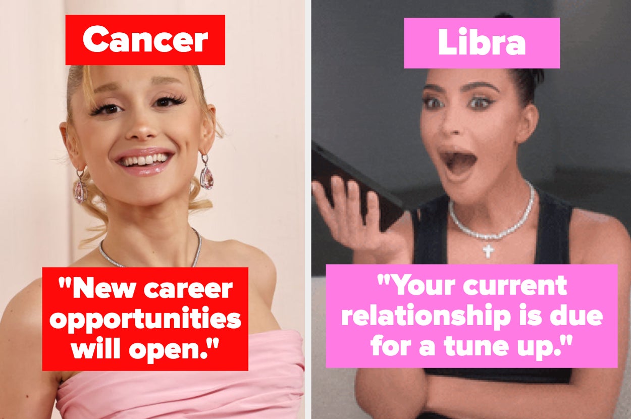 Split image with a young woman on the left and a woman expressing surprise on the right, each paired with a different horoscope prediction