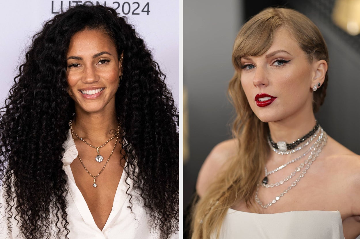 Split image of two women, one in a white shirt with curly hair, and one in an off-shoulder top with a layered necklace