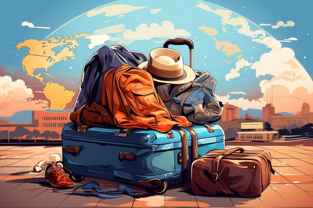 Бесплатное фото Концепция путешествия в стиле мультфильмов с багажем