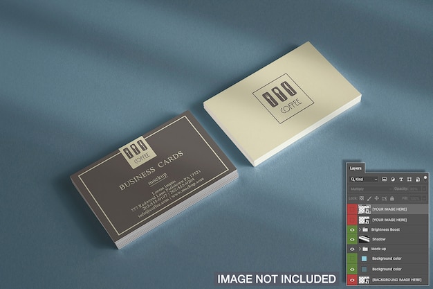 Free PSD close-up of horizontal business card stacks mockup