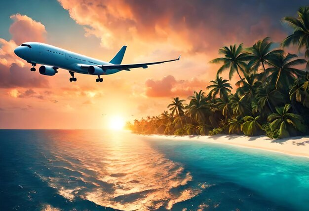 Фото Картина самолета, летящего над океаном при заходе солнца