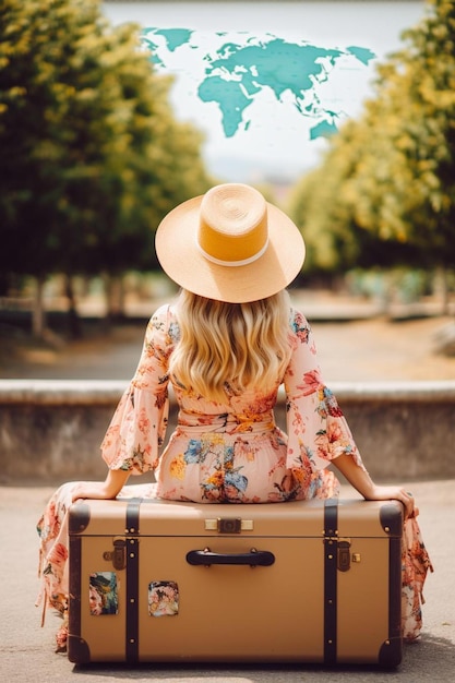 Фото Женщина с шляпой на голове сидит в чемодане с картой мира на вершине