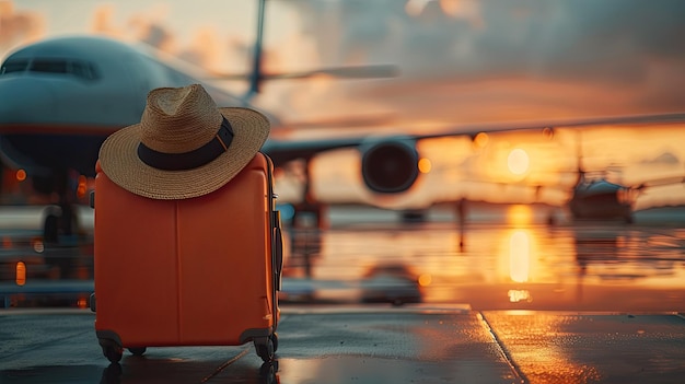 Фото Оранжевый чемодан с шляпой на фоне приземленного самолета