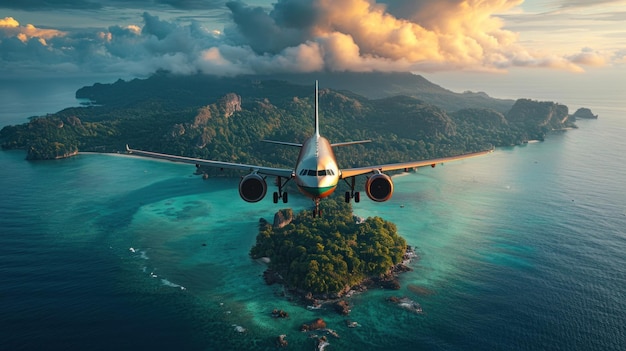 Фото Фотография самолета, летящего над экзотическим тропическим островом