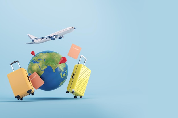 Фото Путешествие по миру концепции 3d рендеринга чемодана globe и самолета на синем фоне