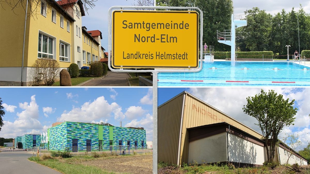 Die Samtgemeinde Nord-Elm will in viele Projekte investieren, unter anderem in die Grundschule Süpplingen (oben links) und das Freibad Räbke (oben rechts in der Collage. (Archiv) 