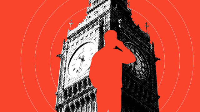 A photo illustration of a person’s silhouette in front of a black-and-white image of Big Ben, against a red backdrop.