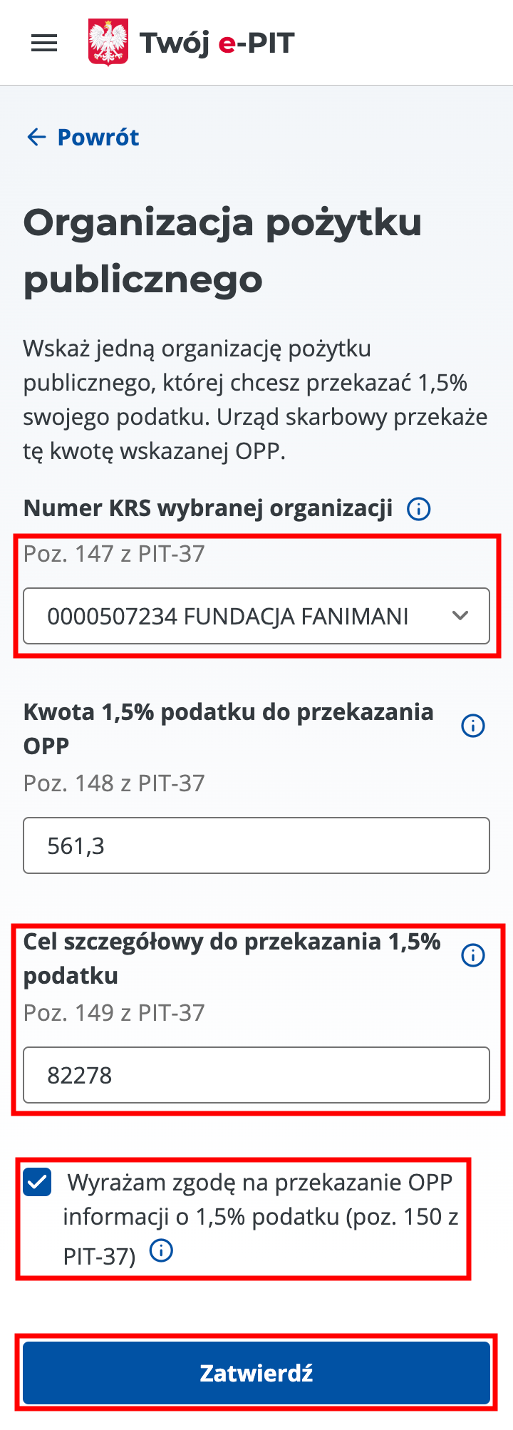 Заполнение информации о направлении 1,5% налогов в адрес общественной организации в польской налоговой декларации PIT-37. Скриншот: epit.podatki.gov.pl