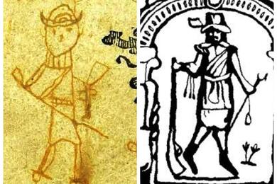 Слева - детский рисунок в книге 17 века, справа - вероятный образец для рисования. Фото: страница Дениса Лисейчикова в Facebook