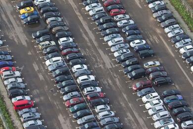 Aerial view shows cars in parking lot in Minsk