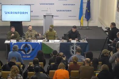 Представители воюющих за Украину российских добровольческих формирований на пресс-конференции в Киеве, 21 марта 2024 года. Скриншот видео