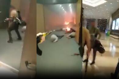 Коллаж из скриншотов вертикального видео, снятого одним из боевиков, ворвавшихся в подмосковный концертный зал "Крокус Сити Холл" 22 арта 2024 года