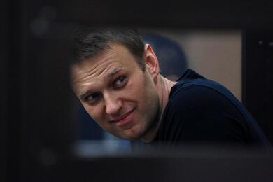 Алексей Навальный выглядывает из клетки со стеклянными стенами во время заседания суда в Кирове, Россия, 19 июля 2013 года. Фото: Reuters