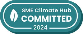 SME Climate Committed 2024 logo. Teal in colour with an icon of a leaf on the left-hand side