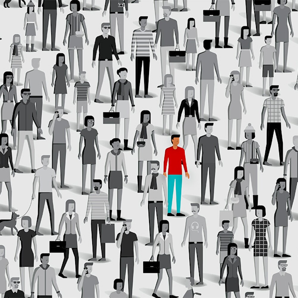 An illustration of a crowd of people, all in black and white, with one person in the center wearing a red top and blue pants.