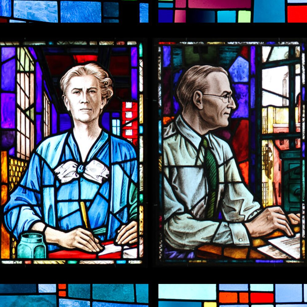 Stained glass windows portraits depicting former Johnson & Johnson employees