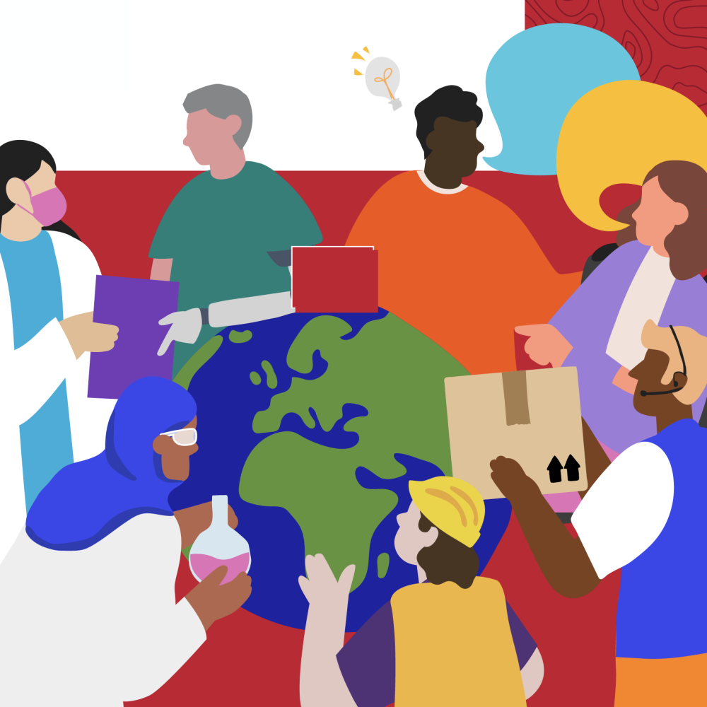 Illustration of diverse groups of people talking around the globe