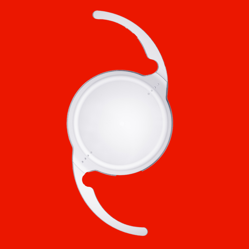 An ocular lense used for cataracts surgery superimposed on red background 