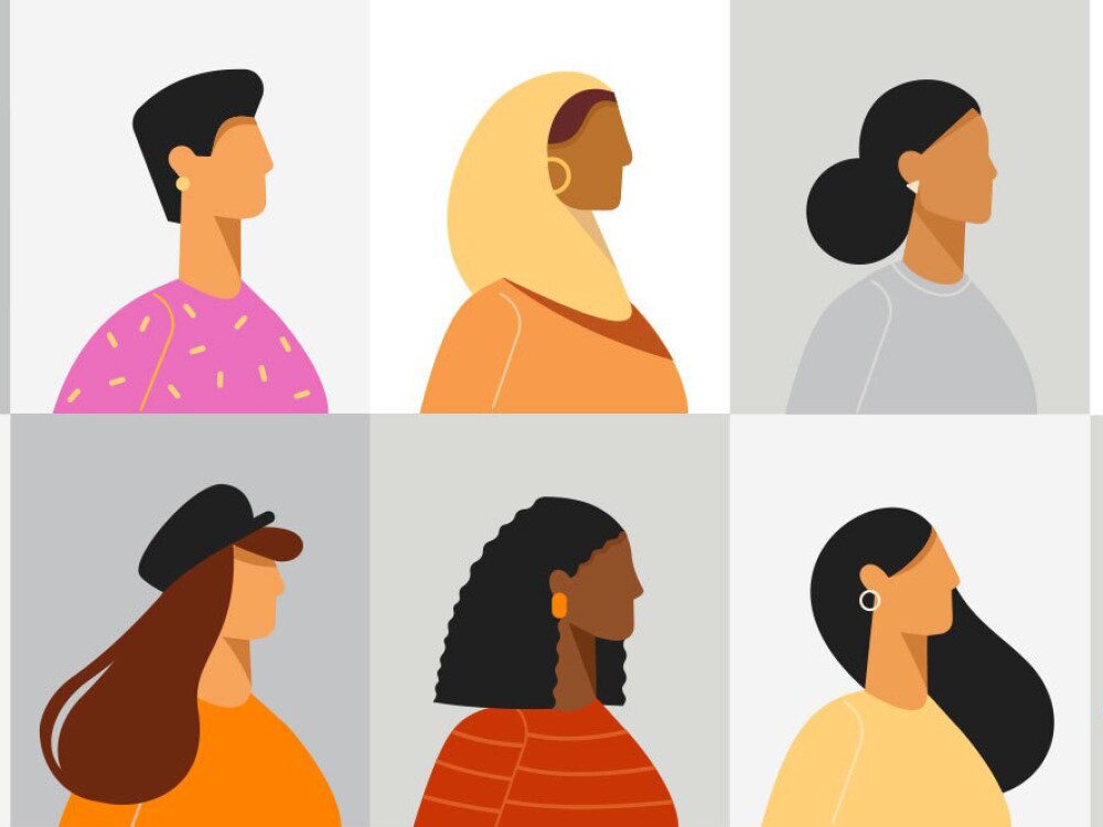 A grid of illustrations of female-presenting people in profile