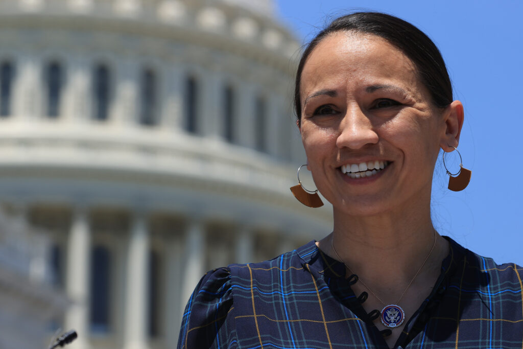 U.S. Rep. Sharice Davids, a Democrat from Kansas City, Kansas, up for re-election in 2022, released a new campaign commercial challenging Republican nominee Amanda Adkins' assertion she would oppose a national ban on abortion in absence of Roe v. Wade. (Chip Somodevilla/Getty Images)