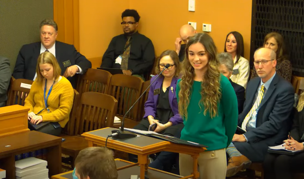 Sarah Green, an engineering student at the University of Kansas, testified in support of a bill restraining diversity, equity and inclusion policies at public colleges and universities. Her advocacy evoked the wrath of a Kansas House member, who subsequently withdrew his criticism of her. (Kansas Reflector screen capture of Legislature's YouTube channel)