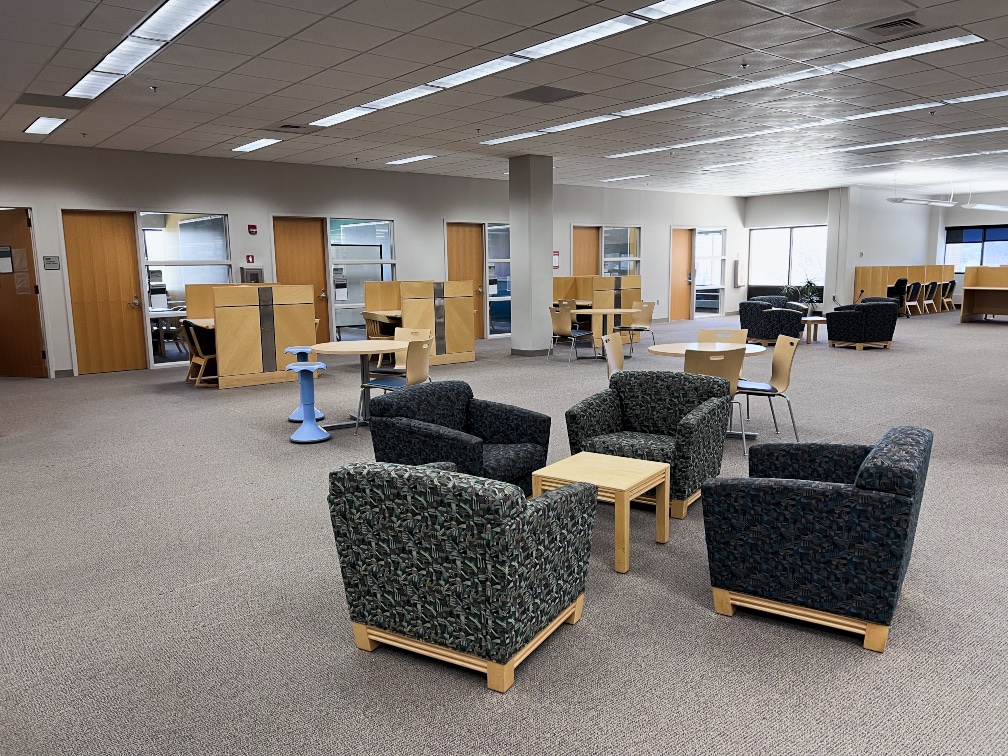 furniture and tables in the library's collaborative area