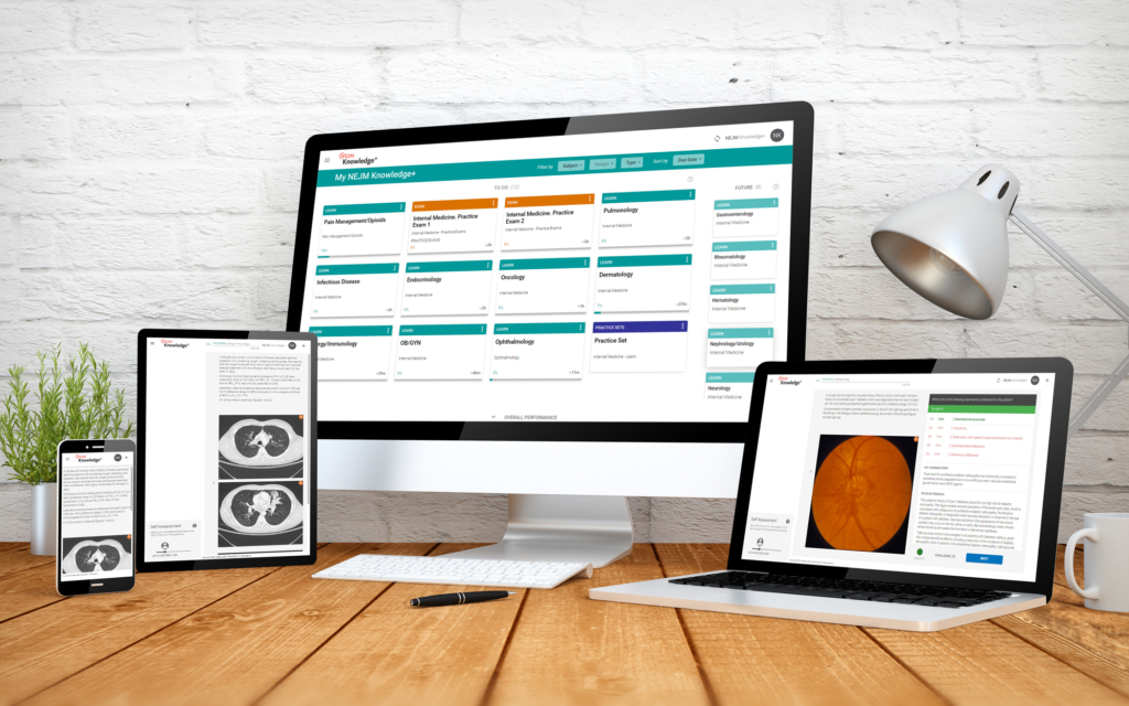 NEJM Knowledge+ Family Medicine Board Review shown on phone, tablet, monitor, and laptop screens