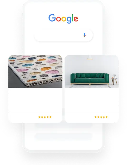 Bild på en telefon som visar en sökfråga på Google efter heminredning som resulterar i två relevanta Shopping-annonser.