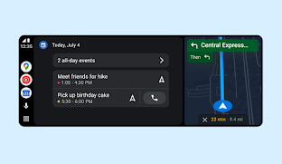 На экране показан новый интерфейс Android Auto: открыты Карты и Календарь.