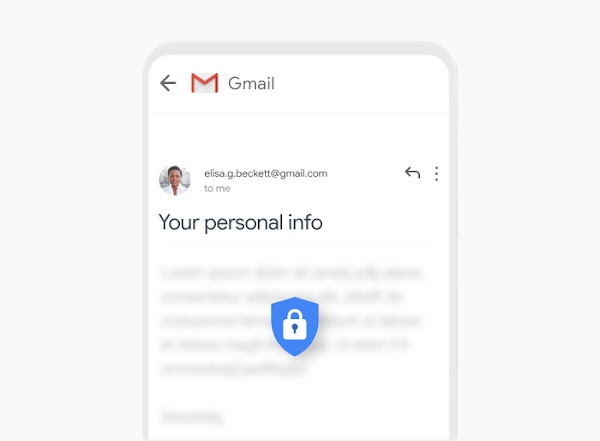 Gmail is open on a phone. An email is open, and the subject says "Your personal info". The content is blurred out, and a blue shield with a lock icon sits on top of it.