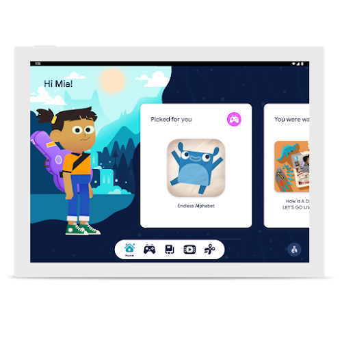 A screen showing Google Kids Space with a cartoon character of a child and a curated app being featured with a jumping critter.
