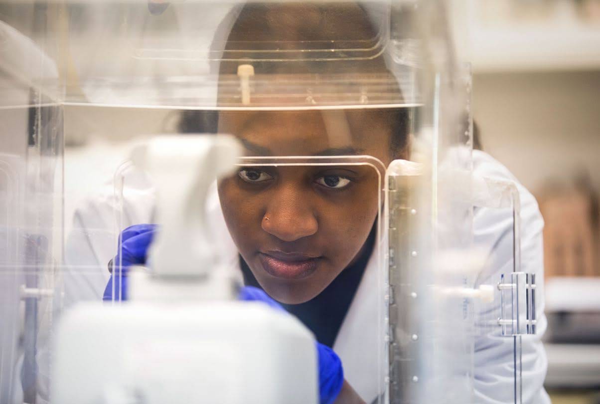 Girl in a lab looking at an experiment.