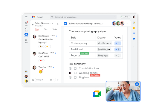 Función de chat de Gmail con colaboración en documentos y videochat en la misma pantalla