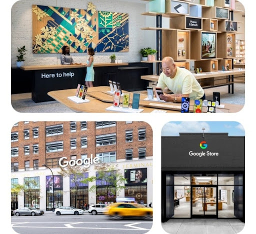 The new storefronts of the Google Store in Chelsea and Williamsburg. In one of the stores, Google products are neatly arrrayed on tables and shelves. One storefront boasts white columns in a bustling neighborhood, while the other storefront is a brilliant black.