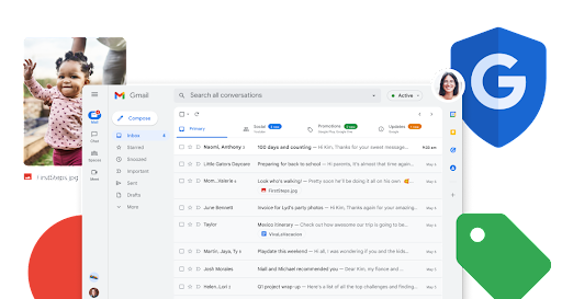 „Gmail“ gautųjų ekranas su horizontaliai išdėstytomis padidintomis funkcijų piktogramomis