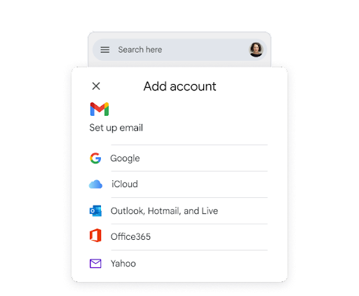 Supaprastintoje telefono NS yra antraštė „Pridėti paskyrą“ ir rodomos skirtingų el. pašto paslaugų piktogramos, iliustruojančios, kaip paprasta pridėti skirtingus el. pašto paslaugų teikėjus „Gmail“ programoje.