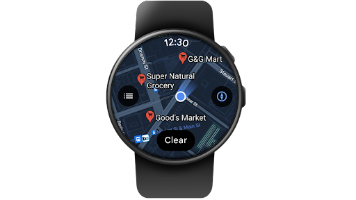 Using Google Maps for Wear OS to locate a grocery store and view its information on a smartwatch.