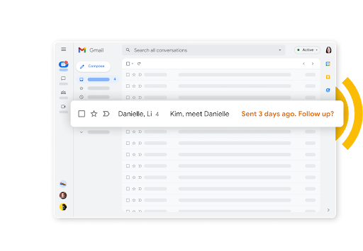 Carpeta de Recibidos de Gmail con un recordatorio de seguimiento en fuente color naranja