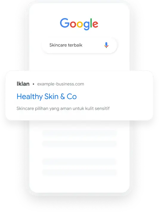 Ilustrasi yang menunjukkan kueri penelusuran Google untuk skincare terbaik yang menghasilkan iklan Search skincare yang relevan.