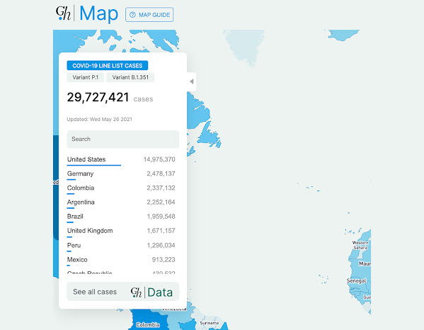 Image of the Global.Health map which showcases COVID-19 case numbers.